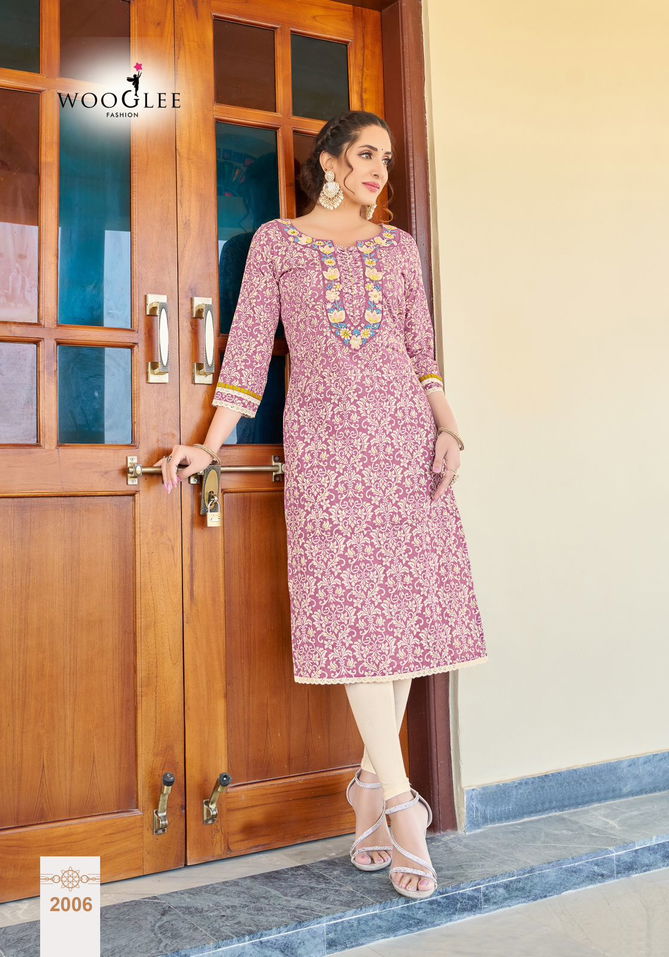 Rutika By Wooglee Rayon Printed Embroidery Kurti Wholesale Market In Surat